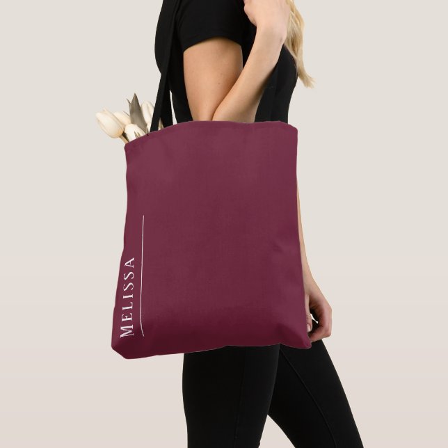 Custom monogram, modern burgundy tote bag (Close Up)