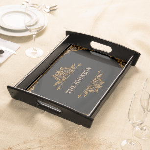 Custom Monogram Modern Minimal Black & Gold Frame Serving Tray