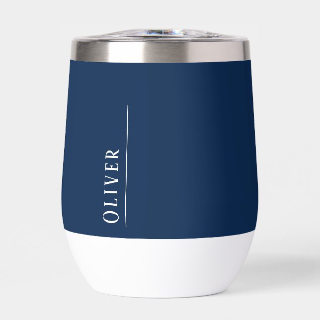 Custom monogram, modern navy blue thermal wine tumbler (Front)