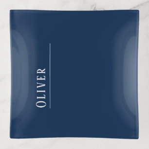 Custom monogram, modern navy blue trinket tray