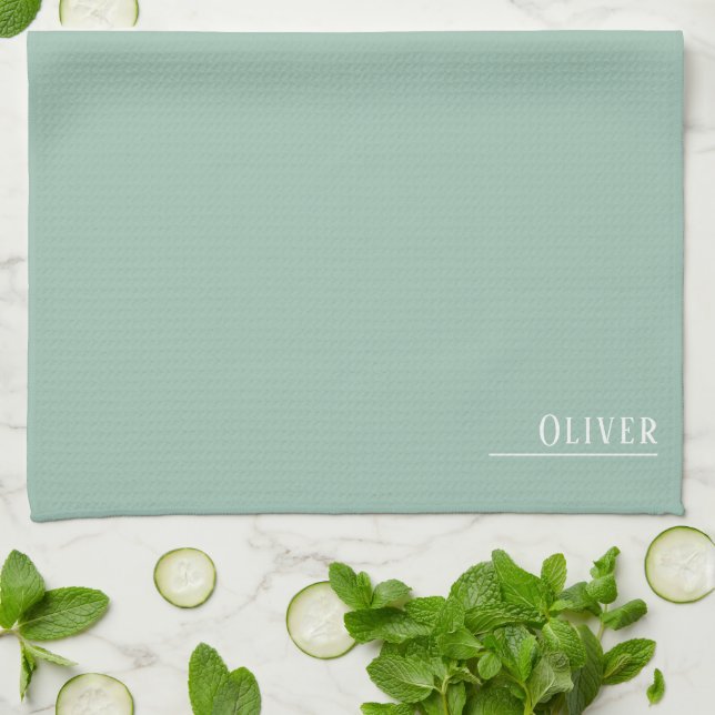 Custom monogram, modern sage green kitchen towel (Folded)