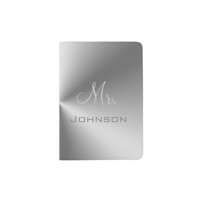 Custom Monogram Mr. Johnson Metallic Silver Grey Passport Holder (Front)
