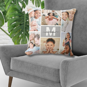 Custom Monogram Multi Photo Collage Family Throw Pillow