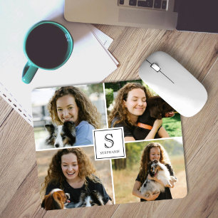Custom Monogram & Name 4 Photo Collage Template Mouse Pad