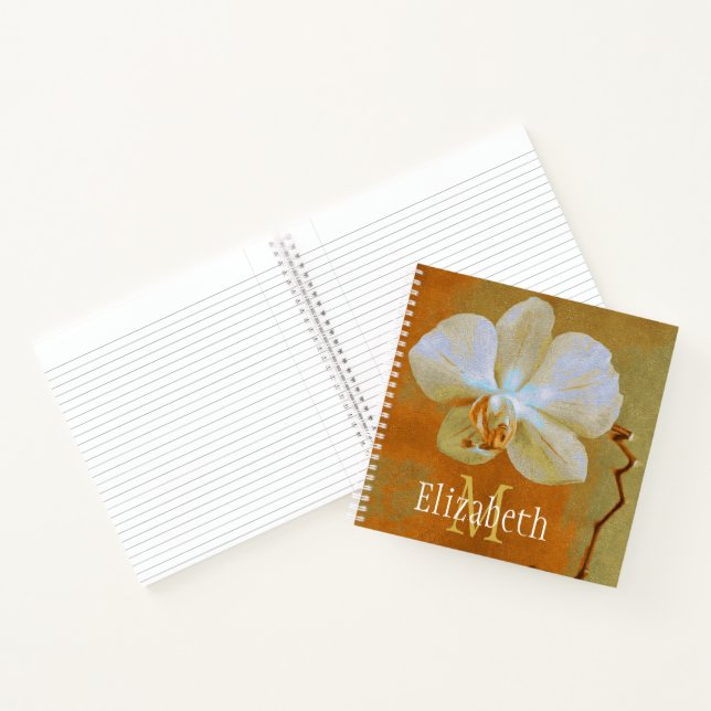 Custom Monogram Name Artistic Golden Orchid Notebook (Inside)