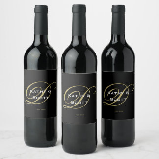 Custom Monogram Name Black and Gold Wine Label