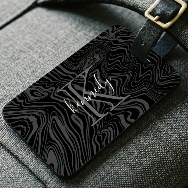 Custom Monogram Name Black Damascus Steel Pattern Luggage Tag (Custom Monogram Name Black Damascus Steel Pattern Luggage Tag)