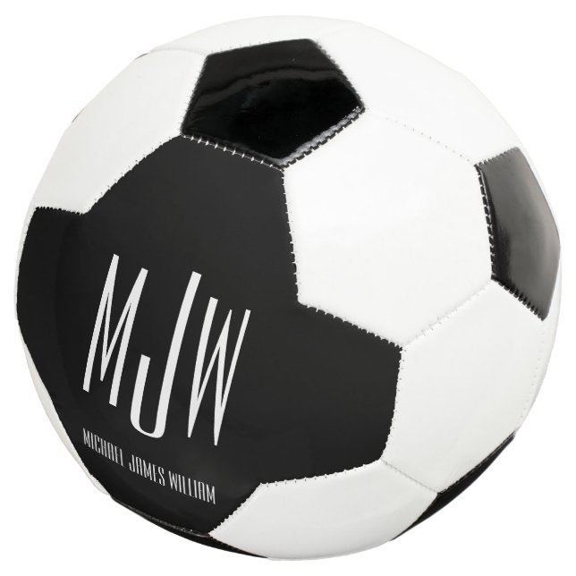 Custom Monogram Name Black Modern Soccer Ball (Three Quarter)