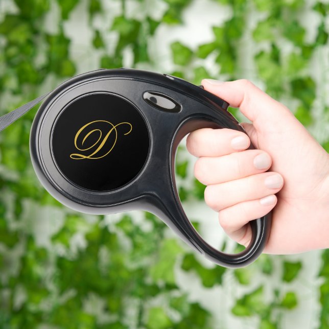 Custom Monogram & Name Black Retractable Pet Leash (Hand)