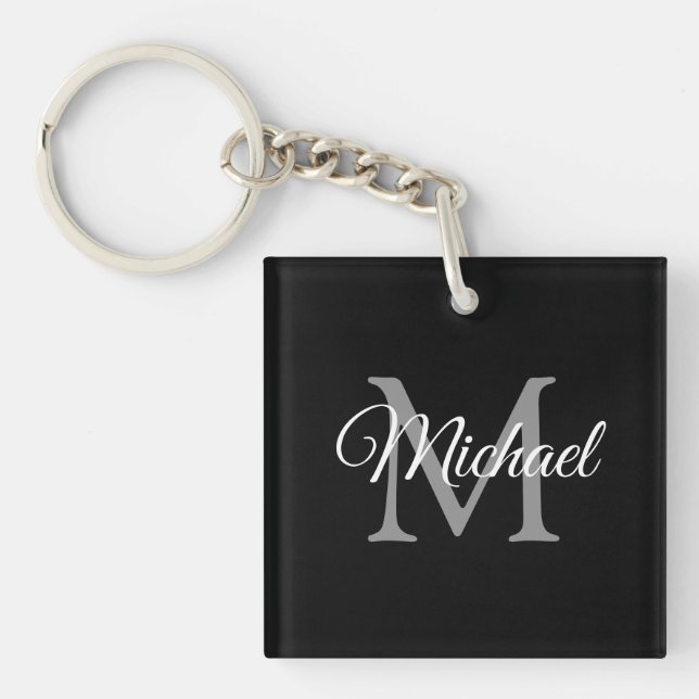 Custom Monogram Name Black Template Square Keychain (Front)
