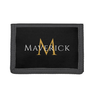 Custom Monogram Name Black Tri fold Wallet Design