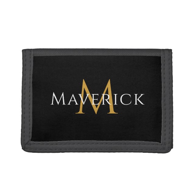 Custom Monogram Name Black Tri fold Wallet Design (Front)