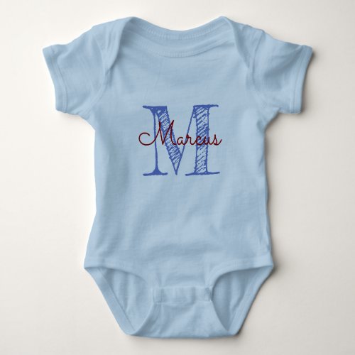 Custom Monogram Name Blue Baby Boy Hand Lettered Baby Bodysuit