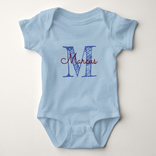 Custom Monogram Name Blue Baby Boy Hand Lettered Baby Bodysuit (Front)