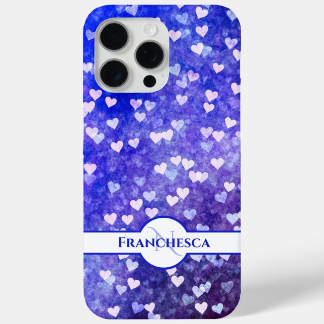 Custom Monogram Name Blue Heart Bokeh Art Case-Mate iPhone Case (Back)