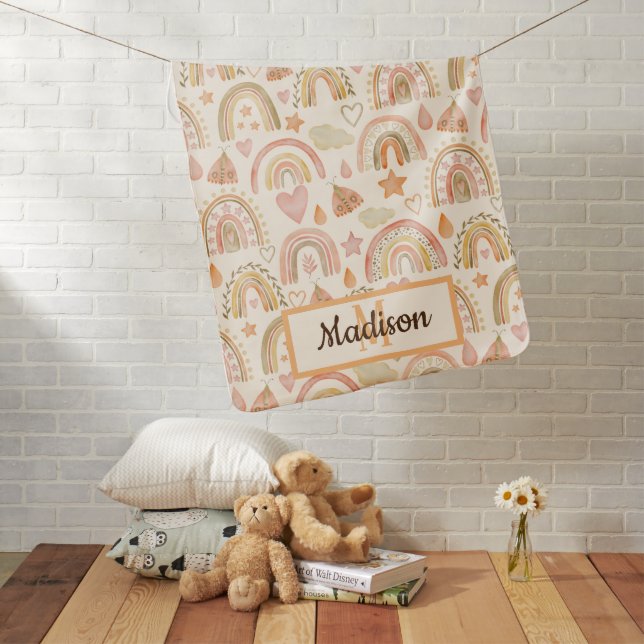 Custom Monogram Name Boho Rainbow Baby Blanket (In Situ)