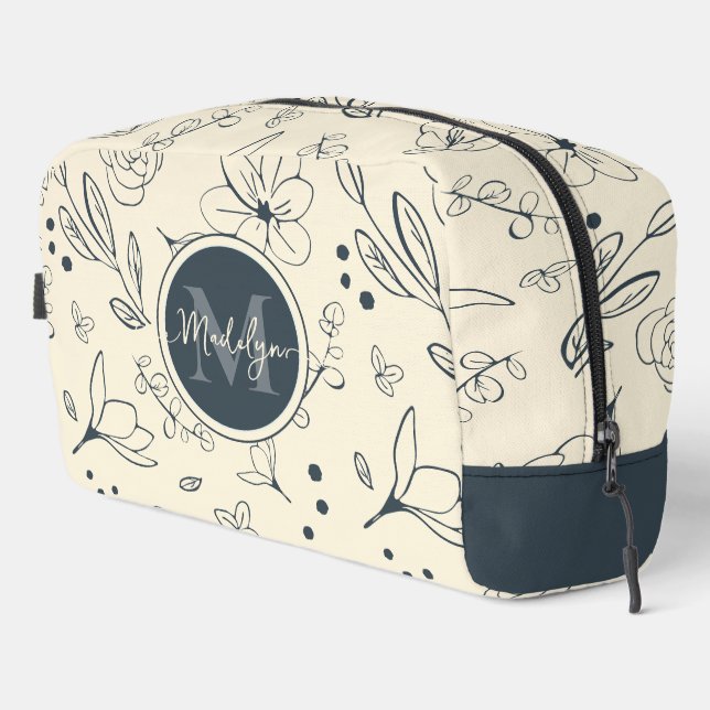 Custom Monogram Name Charcoal Cream Floral Pattern Dopp Kit (Right Corner)