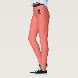 Custom Monogram Name Classy Coral Black Athleisure Leggings