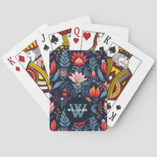 Custom Monogram Name Dark Floral Pattern Poker Cards