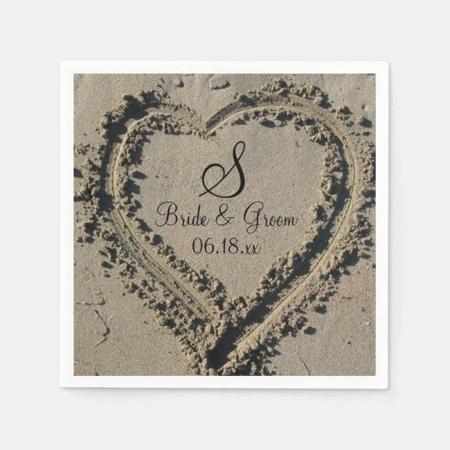 Custom Monogram Name Date Beach Wedding Sand Heart Napkins (Front)