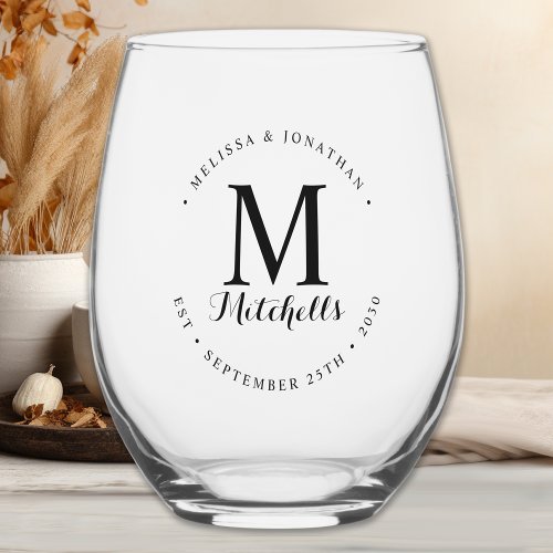 Custom Monogram Name Date Modern Elegant Wedding Stemless Wine Glass