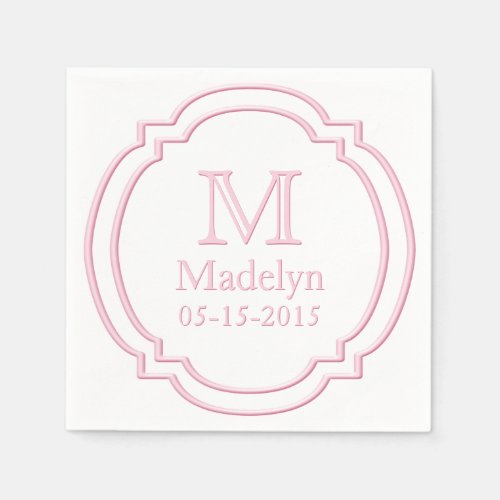 Custom Monogram Name Date White Pastel Pink Frame Paper Napkins