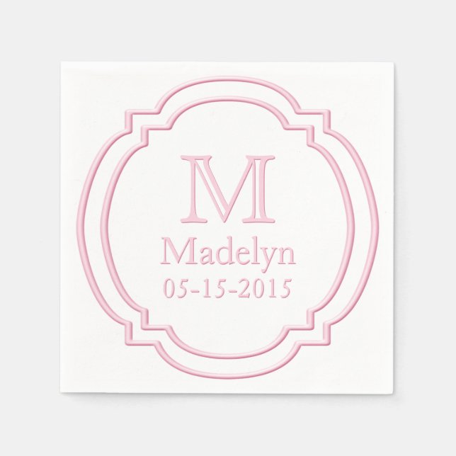 Custom Monogram Name Date White Pastel Pink Frame Paper Napkins (Front)