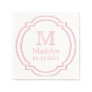 Custom Monogram Name Date White Pastel Pink Frame Paper Napkins
