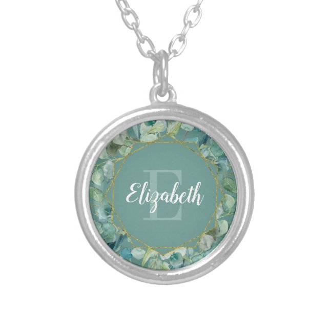 Custom Monogram Name Eucalyptus Gold Silver Plated Necklace (Front)