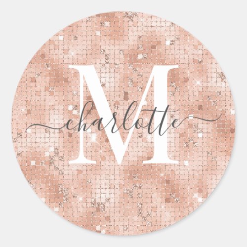 Custom Monogram Name Faux Rose Gold Glitter Foil Classic Round Sticker