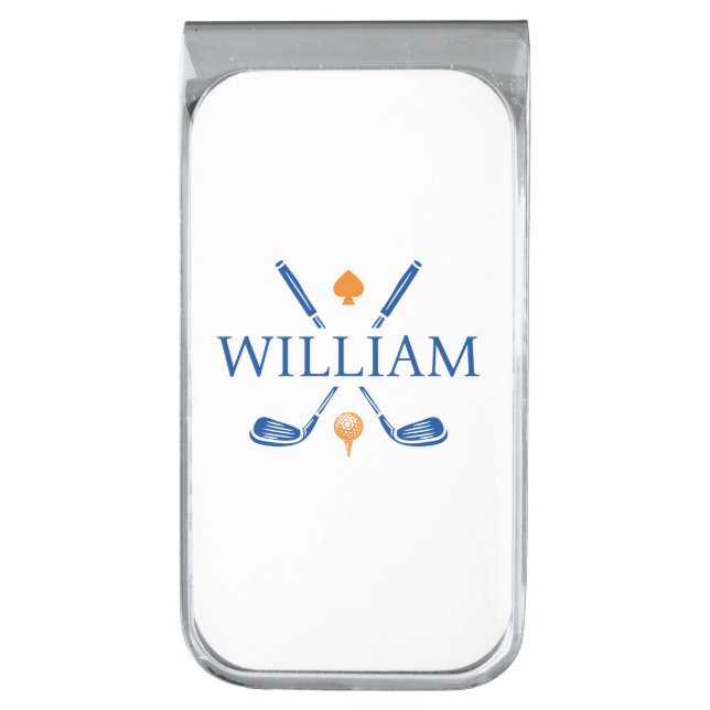 Custom Monogram Name Golf Clubs Ace Classic Silver Finish Money Clip (Front Vertical)