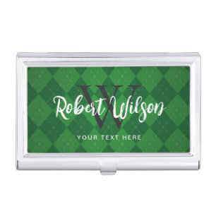 Custom Monogram Name Green Argyle Business Card Case