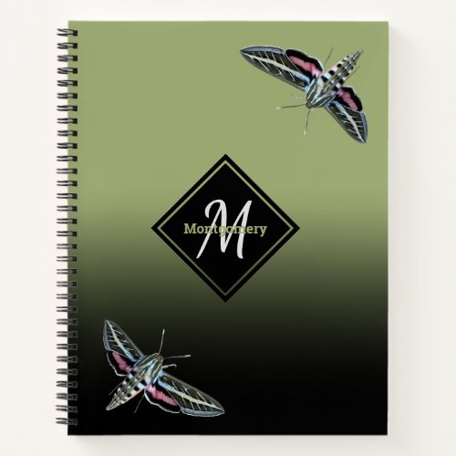 Custom Monogram Name Green Ombre Sphinx Moth Notebook