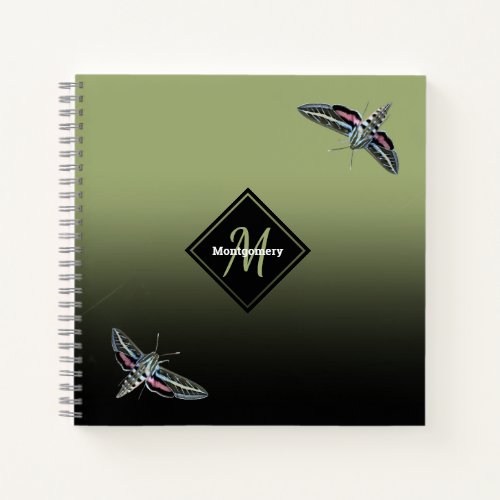 Custom Monogram Name Green Ombre Sphinx Moth Notebook