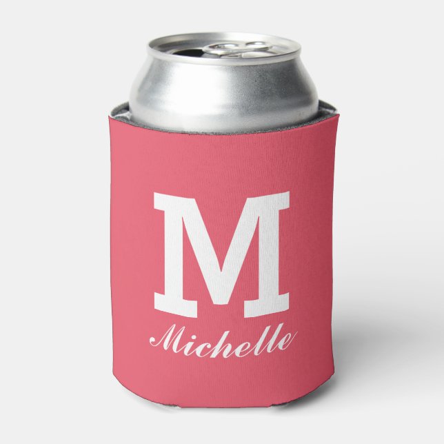 Custom monogram name initial coral can coolers (Can Front)