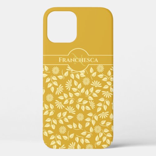 Custom Monogram Name Leaves Daisies Golden Yellow iPhone 12 Case