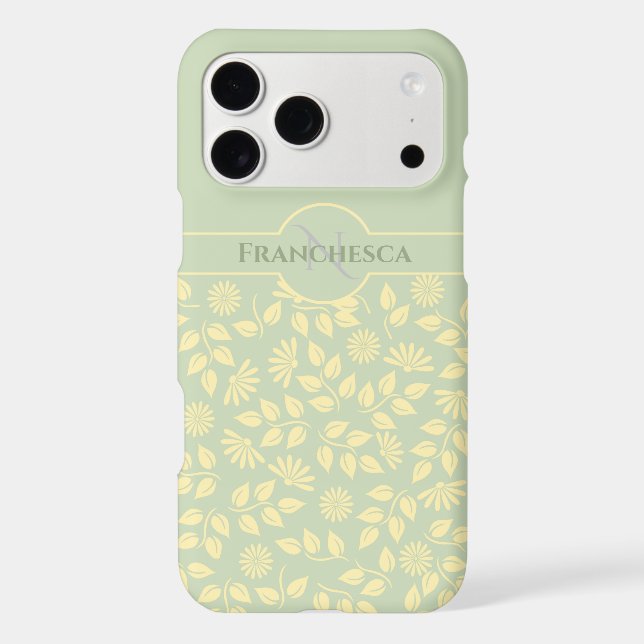 Custom Monogram Name Leaves Daisies Pastel Green Case-Mate iPhone Case (Back)