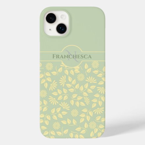 Custom Monogram Name Leaves Daisies Pastel Green Case_Mate iPhone 14 Plus Case