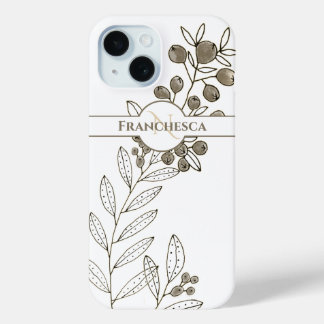 Custom Monogram Name Leaves Khaki Berries Art  iPhone 15 Case