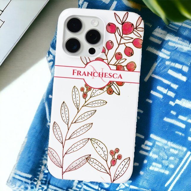 Custom Monogram Name Leaves Orange Berries Art  Case-Mate iPhone Case (Easy to personalize with name and/or monogram initial. Sweet gift idea. )