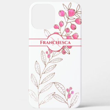 Custom Monogram Name Leaves Pink Berries Art