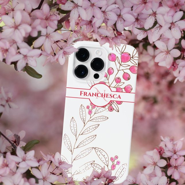 Custom Monogram Name Leaves Pink Berries Art Case-Mate iPhone Case (Easy to personalize pink berries iPhone case. )