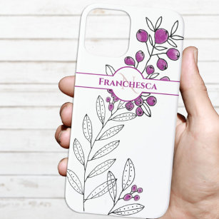 Custom Monogram Name Leaves Purple Berries Art iPhone 12 Case