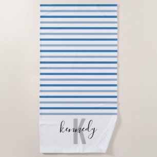 Custom Monogram Name Light blue Dark blue striped Beach Towel
