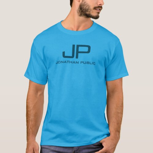 Custom Monogram Name Mens Double Sided Teal Blue T_Shirt