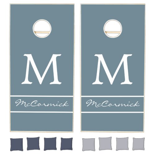 Custom Monogram Name Modern Dusty Blue White Cornhole Set