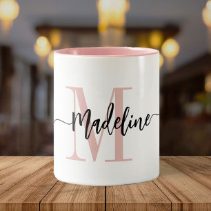 Custom Monogram Name Modern Script Swirls Two-Tone Coffee Mug