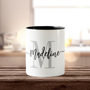 Custom Monogram Name Modern Script Swirls Two-Tone Coffee Mug