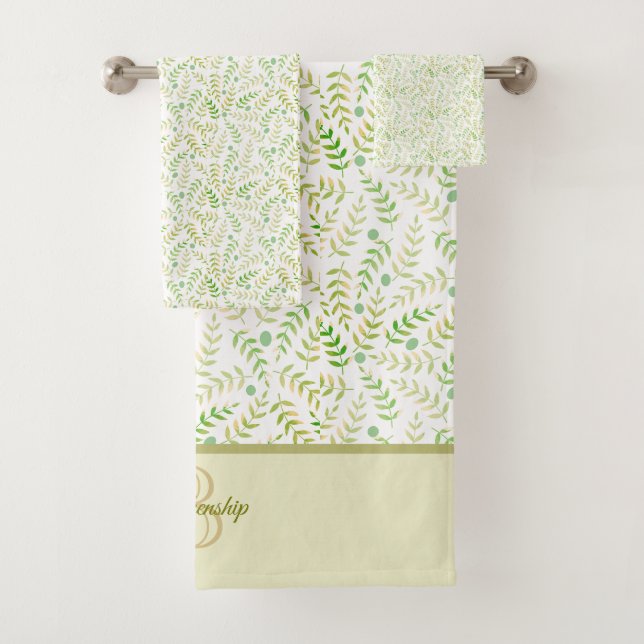 Custom Monogram Name Nature Fern Leaf Pattern Bath Towel Set (Insitu)