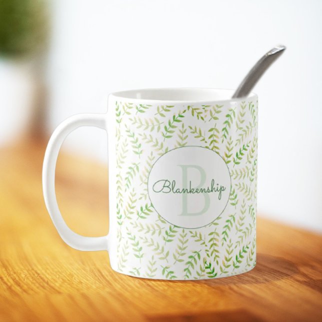 Custom Monogram Name Nature Fern Leaf Pattern Coffee Mug (Creator Uploaded)